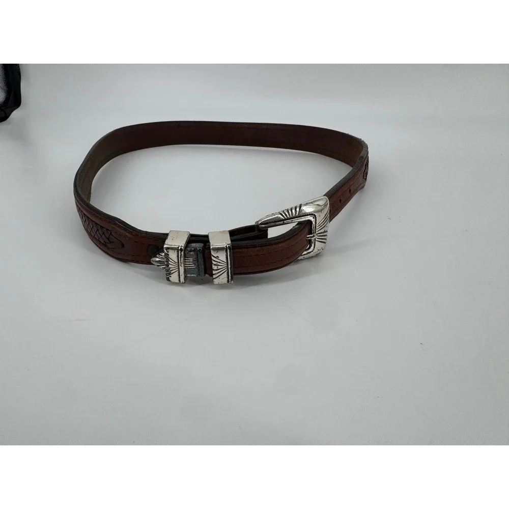 Tony lama Western Ranger Belt Women 34 Brown Leather Braided Silver Tone